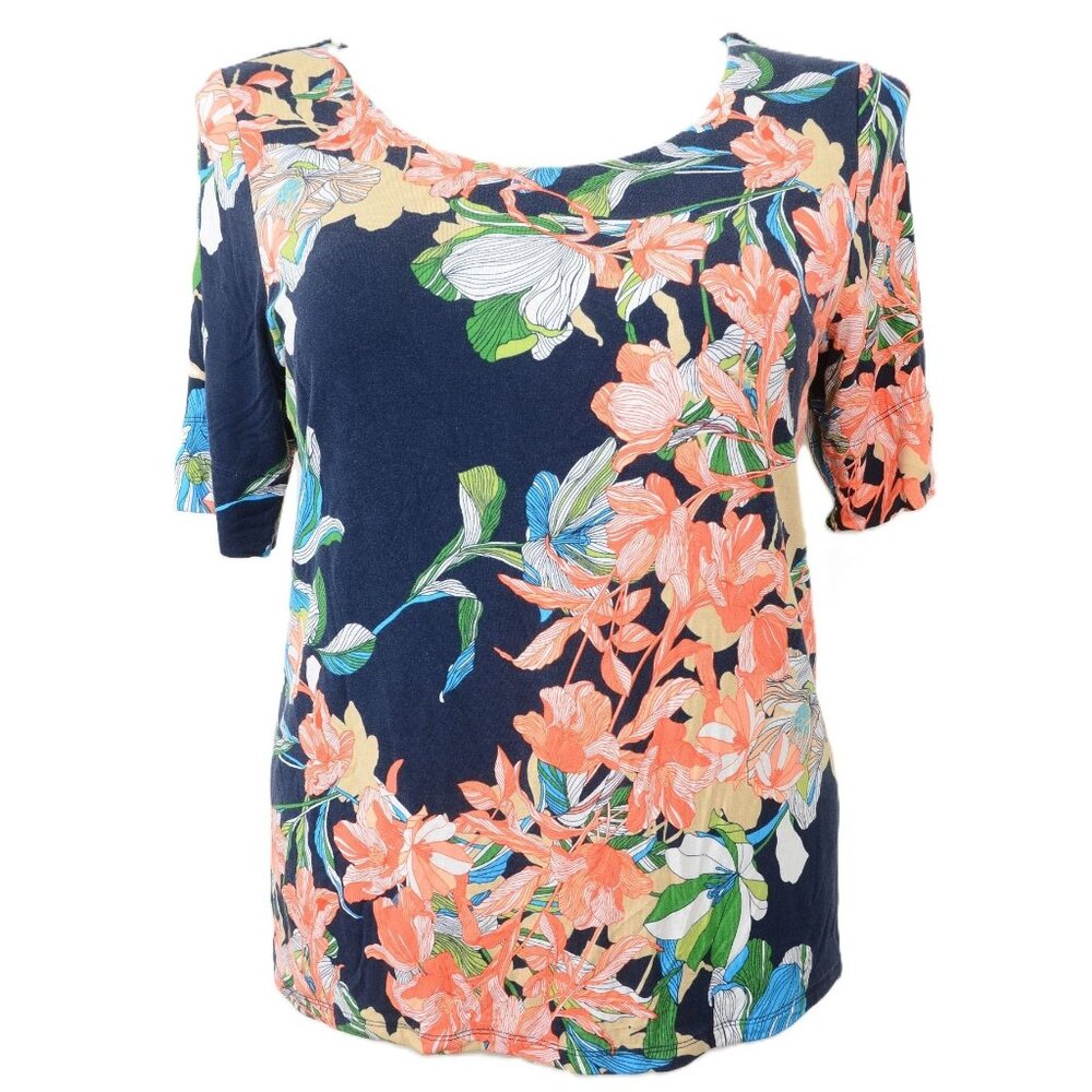 Chico's Women's (2) L Stretchy Floral Scoop Neck Cottagecore Top Blouse Tee